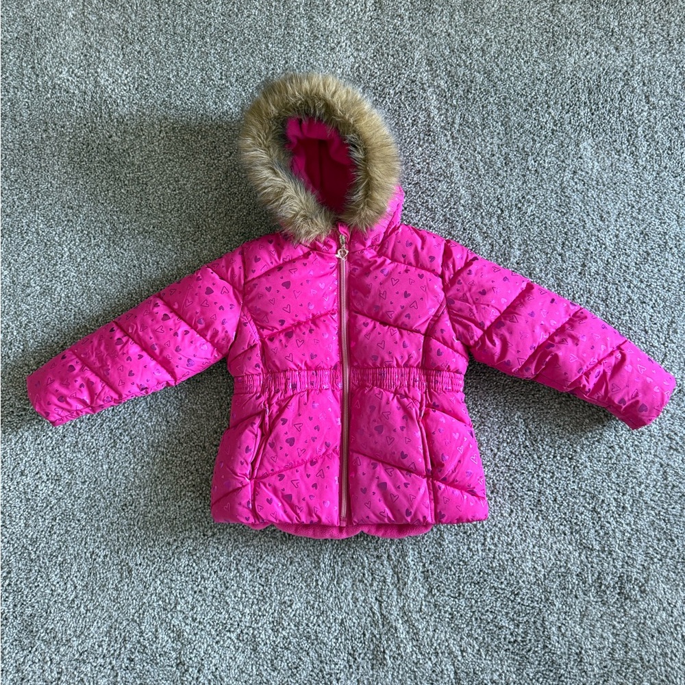 Girls Pink Puffer Winter Coat Fur Hood Size 4T - Like New